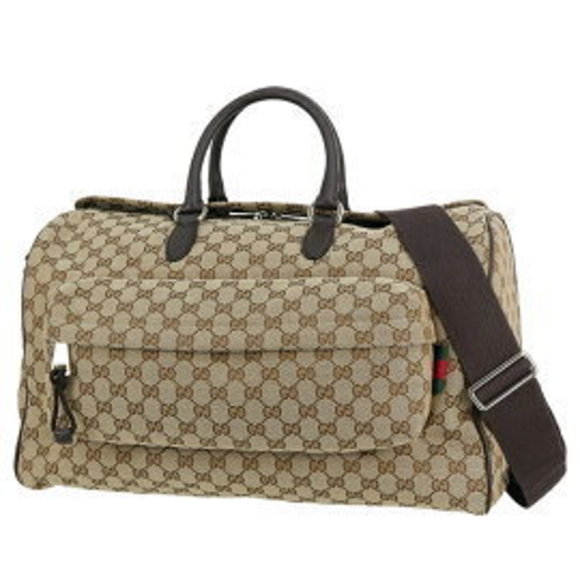 Gucci Boston Bag GG Duffel Leather Web Stripe Beige Brown Shoulder Bag - Picture 1 of 6